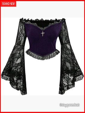 Plus Size Off Shoulder Lace Bell Sleeve Mesh Crop Top Gothic Blouse